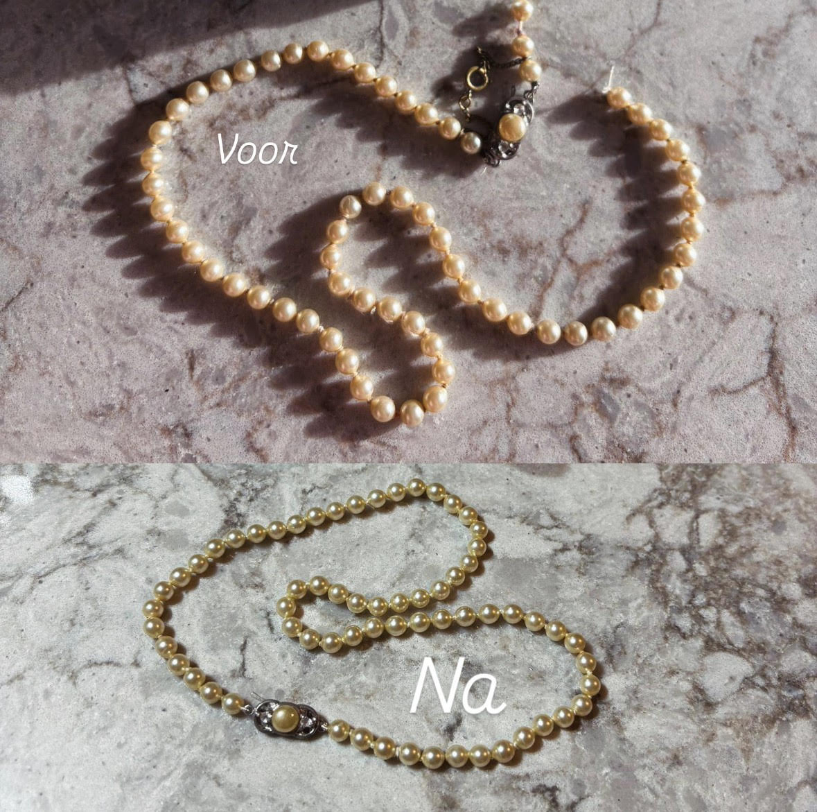 Voor en na foto van parelsieraad reparatie